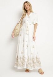 Biała Wiskozowa Sukienka Boho o Rozkloszowanym Kroju z Haftem i Wiązaniem Lilvanis. Białe sukienki damskie Born2be, na co dzień, l, bez wzorów, z jeansu, boho, bez kołnierzyka, bez ramiączek, maxi, rozkloszowane. Za 149.99 zł.