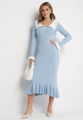 Jasnoniebieska Dzianinowa Sukienka Retro z Wiskozą z Kołnierzykiem i Falbanami Hanlira. Niebieskie sukienki damskie Born2be, m, bez wzorów, z dzianiny, klasyczne, bez kołnierzyka, bez ramiączek, maxi. Za 149.99 zł.