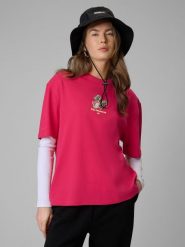 4F T-shirt loose z nadrukiem damski - różowy L. Czerwone t-shirty damskie 4F, l, bez wzorów, z bawełny, bez kołnierzyka, bez ramiączek. Za 79.99 zł.