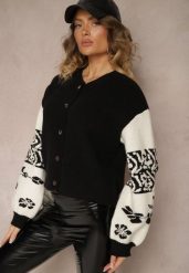 Czarny Kardigan z Wiskozy na Guziki Ozdobiony Geometrycznym Wzorem Nelaya. Czarne kardigany damskie Renee, uniwersalny, bez wzorów, z wiskozy, biznesowe, bez kołnierzyka. Za 99.99 zł.