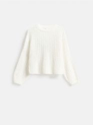 Sweter z bufiastymi rękawami - złamana biel. Swetry nierozpinane damskie Reserved, l, bez wzorów, z dzianiny, bez kołnierzyka, bez ramiączek. Za 109.99 zł.