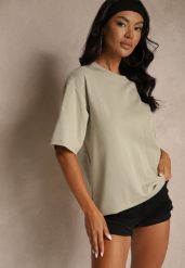Ciemnobeżowy Basicowy T-shirt z Bawełny Meranissea. Brązowe t-shirty damskie Renee, bez wzorów, z bawełny, bez kołnierzyka, bez ramiączek. Za 69.99 zł.