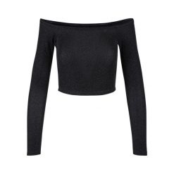 Cekinowy sweter damski z długim rękawem i odkrytymi ramionami Urban Classics. Czarne swetry nierozpinane damskie Urban Classics, na zimę, bez wzorów, z materiału, bez kołnierzyka, bez ramiączek. Za 160.50 zł.