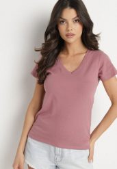 Ciemnoróżowy T-shirt z Bawełny z Dekoltem w Serek Liniviela. Czerwone t-shirty damskie Born2be, l, bez wzorów, z bawełny, bez kołnierzyka, bez ramiączek. Za 39.99 zł.