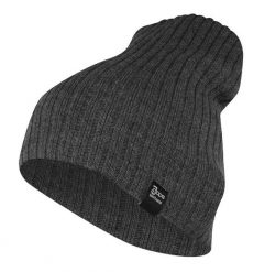 Czapka Grafitowa Jesienno-Zimowa, Beanie, Krasnal, Rozciągliwa, w Prążki. Szare czapki męskie Jarek, na zimę, bez wzorów, ze splotem. Za 35.00 zł.