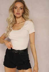Jasnobeżowa Bluzka z Trójkątnym Dekoltem z Koronką Thisalla. Brązowe bluzki damskie Renee, l, bez wzorów, z bawełny, eleganckie, bez kołnierzyka, bez ramiączek. Za 49.99 zł.