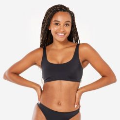 Góra kostiumu kąpielowego surfingowego damska Olaian Aurely. Czarne bikini OLAIAN, bez wzorów, z elastanu. Za 59.99 zł.