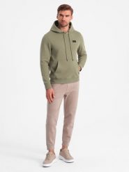 Bluza męska dresowa kangurka z kapturem i metalowym pinem – oliwkowa V2 OM-SSNZ-0141 - XXL. Zielone bluzy męskie Ombre Clothing, l, bez wzorów, z bawełny, z kapturem. W wyprzedaży za 89.99 zł.