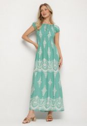 Jasnozielona Wiskozowa Sukienka z Marszczoną Góra i Wzorem Boho Ellifae. Zielone sukienki damskie Born2be, na spotkanie biznesowe, l, z aplikacjami, z wiskozy, boho, bez kołnierzyka, bez ramiączek, maxi. Za 54.99 zł.