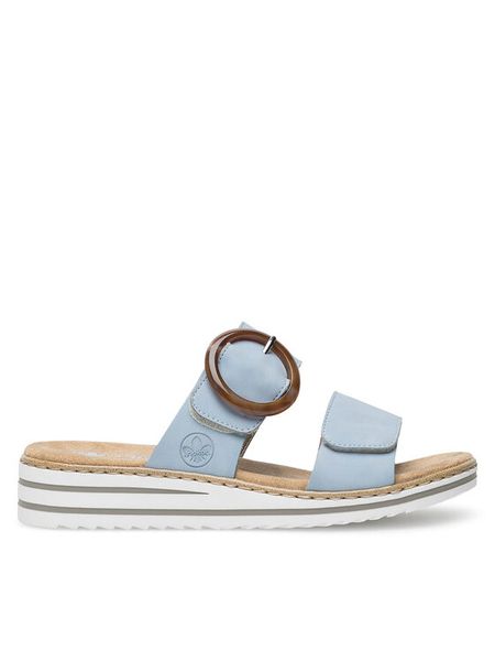 Rieker Klapki V0692-10 Niebieski. Niebieskie klapki damskie Rieker, bez wzorów, z materiału, bez obcasa, bez zapięcia. Za 279.99 zł.