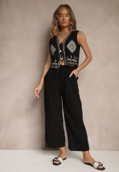 Czarne Spodnie High Waist z Bawełnianej Tkaniny Zdobionej Haftem Mevirona. Czarne spodnie materiałowe damskie Renee, z aplikacjami, z bawełny, eleganckie, z podwyższonym stanem. Za 44.99 zł.
