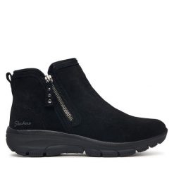 Botki Skechers. Czarne botki damskie Skechers, bez wzorów, bez obcasa, na płaskiej podeszwie, bez zapięcia. Za 399.99 zł.