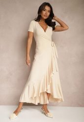 Beżowa Sukienka o Kopertowym Fasonie z Falbankami Zleffia. Brązowe sukienki damskie Renee, na co dzień, na lato, l, bez wzorów, eleganckie, bez kołnierzyka, bez ramiączek, maxi, kopertowe. Za 159.99 zł.