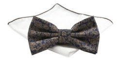Mucha CHATTIER z Białą Poszetką - Beżowy Wzór, Niebieskie Tło. Białe krawaty i muchy Chattier, bez wzorów, z poliesteru, eleganckie. Za 59.00 zł.