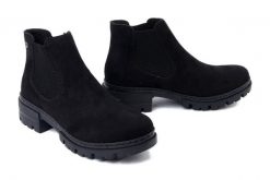 RIEKER 76884-00 black, botki damskie. Czarne botki damskie Rieker, bez wzorów, bez obcasa, na obcasie, bez zapięcia. Za 263.92 zł.