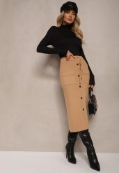 Beżowa Spódnica Ołówkowa z Kaszmirem High Waist z Ozdobnymi Guzikami i Kieszeniami Edithwen. Brązowe spódnice damskie Renee, na zimę, bez wzorów, z dzianiny, z podwyższonym stanem, midi, ołówkowe. Za 129.99 zł.