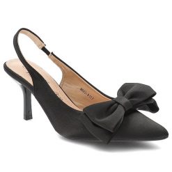 Czółenka damskie D&A by S.Barski o kobiecym fasonie z odkrytą piętą ozdobną kokardą spiczastym noskiem i smukłym obcasem czarne, MR62-9107 Black. Czarne czółenka damskie S.BARSKI, bez wzorów, biznesowe, bez obcasa, na obcasie, bez zapięcia. Za 149.00 zł.