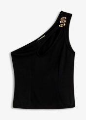 Top na jedno ramię z biżuteryjną ozdobą. Czerwone topy damskie bonprix, z aplikacjami, eleganckie, bez kołnierzyka, bez ramiączek. Za 22.99 zł.