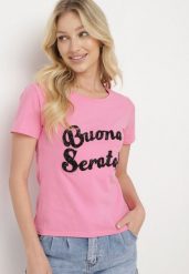 Różowy Bawełniany T-shirt z Ozdobnym Napisem z Cyrkonii Tiavalia. Czerwone t-shirty damskie Born2be, l, bez wzorów, z bawełny, eleganckie, bez kołnierzyka, bez ramiączek. Za 34.99 zł.