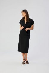 Elegancka sukienka ołówkowa z kołnierzem czarna. Czarne sukienki damskie Stylove, do pracy, l, bez wzorów, z elastanu, biznesowe, bez kołnierzyka, bez ramiączek, midi, dopasowane. Za 349.00 zł.