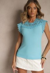 Niebieski Bawełniany Top z Koronkowymi Wstawkami Lirumina. Niebieskie topy damskie Renee, m, bez wzorów, z bawełny, eleganckie, bez kołnierzyka, bez ramiączek. Za 44.99 zł.