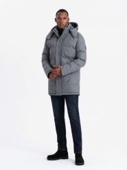 Ciepła długa kurtka męska typu parka z wełną – szary melanż V1 OM-JALJ-0217 - XXL. Szare kurtki męskie Ombre Clothing, l, z aplikacjami, z materiału, bez kaptura. W wyprzedaży za 199.99 zł.