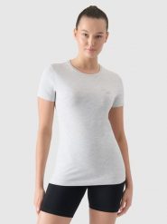 4F T-shirt slim gładki damski - szary M. Szare t-shirty damskie 4F, m, bez wzorów, z bawełny, klasyczne, bez kołnierzyka, bez ramiączek. Za 39.99 zł.