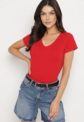 Czerwony T-shirt z Bawełny z Dekoltem w Serek Liniviela. Czerwone t-shirty damskie Born2be, l, bez wzorów, z bawełny, bez kołnierzyka, bez ramiączek. Za 39.99 zł.
