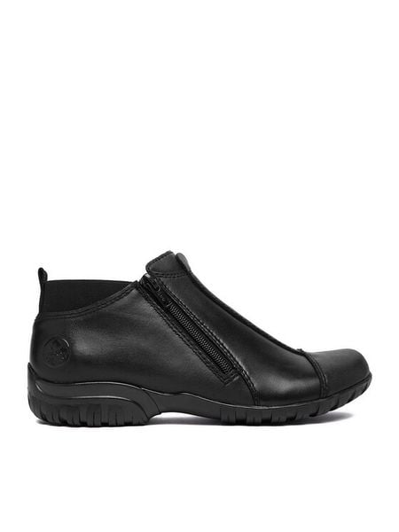 Rieker Botki CEO-L4653-00 Czarny. Czarne botki damskie Rieker, bez wzorów, ze skóry, bez obcasa, na płaskiej podeszwie, bez zapięcia. Za 379.99 zł.