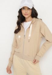 Beżowa Rozpinana Bluza z Kapturem Bawełną i Cyrkoniami Uliviela. Brązowe bluzy damskie Born2be, uniwersalny, bez wzorów, z bawełny, klasyczne, bez ramiączek, z kapturem. Za 89.99 zł.