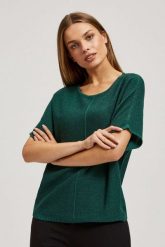 Sweter oversize z metaliczną nitką szmaragdowy. Zielone swetry nierozpinane damskie MOODO, m, bez wzorów, bez kołnierzyka, bez ramiączek. W wyprzedaży za 49.99 zł.