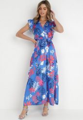 Niebiesko-Czerwona Sukienka Cythanassa. Niebieskie sukienki damskie Born2be, na lato, bez wzorów, z materiału, wakacyjne, bez kołnierzyka, bez ramiączek, maxi. Za 29.99 zł.