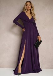 Ciemnofioletowa Kopertowa Sukienka o Rozkloszowanym Kroju z Rozcięciem i Metalicznymi Przeszyciami Emiraia. Fioletowe sukienki damskie Renee, na imprezę, m, bez wzorów, eleganckie, bez kołnierzyka, bez ramiączek, maxi, kopertowe. Za 99.99 zł.