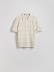 Strukturalny sweter polo - kremowy. Białe swetry męskie Reserved, l, bez wzorów, z bawełny, bez kołnierzyka, bez ramiączek. W wyprzedaży za 69.99 zł.