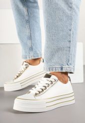 Biało-Złote Casualowe Trampki na Grubej Podeszwie Peliren. Białe trampki i tenisówki damskie Born2be, z aplikacjami, z jeansu, bez zapięcia. Za 79.99 zł.
