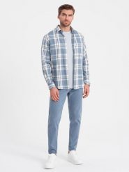 Spodnie męskie jeansowe bez przetarć SLIM FIT - niebieskie V3 - Rozmiar: M. Niebieskie spodnie materiałowe męskie Ombre Clothing, bez wzorów, z bawełny. W wyprzedaży za 59.99 zł.