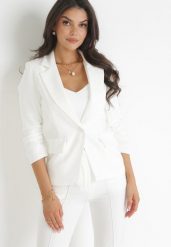 Biała Marynarka z Ozdobnymi Rękawami 3/4 Edikame. Białe marynarki i żakiety damskie Born2be, bez wzorów, z tkaniny, eleganckie, bez kołnierzyka, bez ramiączek. Za 89.99 zł.