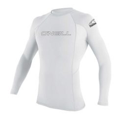 Koszulka ONEILL BASIC SKINS L/S RASH GUARD. Białe bluzki damskie O'Neill, l, bez wzorów, sportowe, bez kołnierzyka, bez ramiączek. Za 206.50 zł.