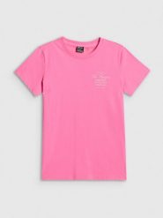 4F T-shirt regular z nadrukiem damski - różowy XL. Czerwone t-shirty damskie 4F, xl, bez wzorów, z bawełny, klasyczne, bez kołnierzyka, bez ramiączek. Za 59.99 zł.