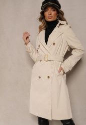 Beżowy Dwurzędowy Płaszcz Trencz z Paskiem i Elegancką Klapą Fireti. Brązowe płaszcze damskie Renee, l, bez wzorów, z jeansu, biznesowe, bez kołnierzyka, bez kaptura. Za 179.99 zł.