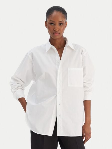 BOSS Koszula Saturday 50543800 Biały Oversize. Białe koszule damskie Boss, bez wzorów, z bawełny, biznesowe, bez kołnierzyka, bez ramiączek. Za 799.99 zł.