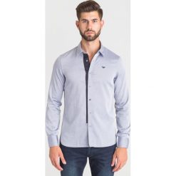 NIEBIESKA KOSZULA EMPORIO ARMANI. Niebieskie koszule męskie Emporio Armani, l, bez wzorów, bez kołnierzyka, bez ramiączek. Za 335.00 zł.