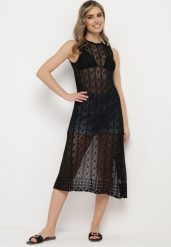 Czarna Ażurowa Tunika Boho bez Rękawów Kimalia. Czarne tuniki damskie Born2be, m, z aplikacjami, boho, bez ramiączek. Za 84.99 zł.