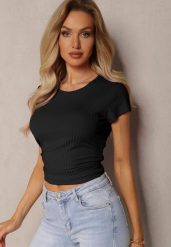 Czarny T-shirt Prążkowany o Dopasowanym Kroju z Marszczeniami Hermioa. Czarne t-shirty damskie Renee, m, bez wzorów, z jeansu, bez kołnierzyka, bez ramiączek. Za 39.99 zł.
