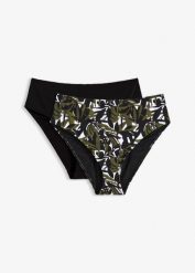 Figi bikini z wysokim stanem, lekko modelujące (2 pary). Czarne bikini bonprix, bez wzorów. Za 59.98 zł.
