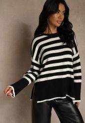 Czarno-Biały Sweter Oversize w Paski Kalitusa. Białe swetry nierozpinane damskie Renee, bez wzorów, z jeansu, casualowe, bez kołnierzyka, bez ramiączek. Za 64.99 zł.