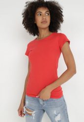 Czerwony T-shirt Gathanthei. Czerwone t-shirty damskie Born2be, l, bez wzorów, z bawełny, klasyczne, bez kołnierzyka, bez ramiączek. Za 29.99 zł.