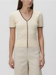 Sweter z kontrastową lamówką - kremowy. Białe swetry nierozpinane damskie Reserved, l, bez wzorów, z bawełny, bez kołnierzyka, bez ramiączek. Za 99.99 zł.