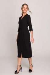 Elegancka sukienka midi z dekoltem V i rozcięciem czarna. Czarne sukienki damskie Stylove, do pracy, uniwersalny, bez wzorów, z elastanu, biznesowe, bez kołnierzyka, dla wysokich, bez ramiączek, midi, dopasowane. Za 429.00 zł.