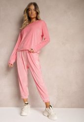 Jasnoróżowy Komplet Dresowy z Weluru Luźna Bluza z Dekoltem w V i Elastyczne Spodnie z Kieszeniami Esparkia. Czerwone bluzy damskie Renee, l, bez wzorów, z dresówki, bez ramiączek, bez kaptura. Za 89.99 zł.